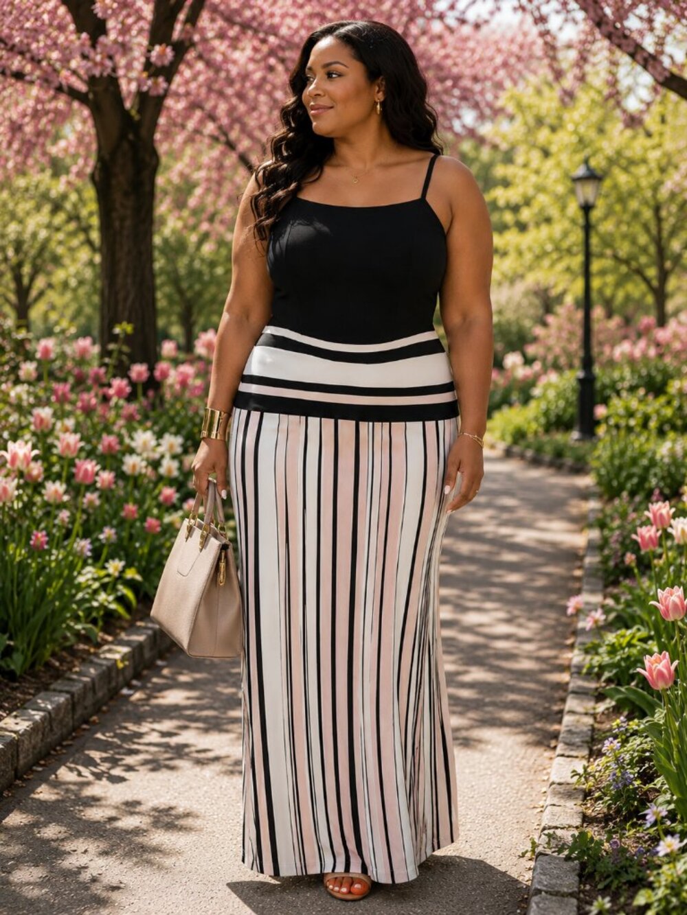 Women's Striped Maxi dress - Black & Blush